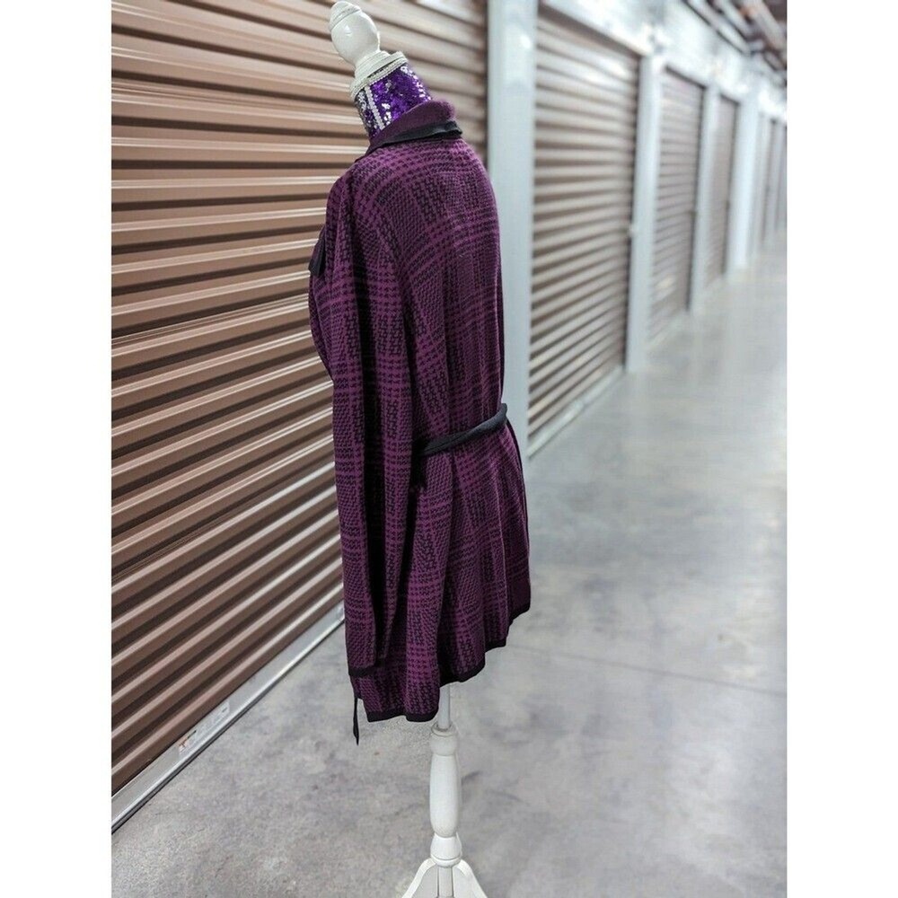 Purple & Black Houndstooth Collared Cardigan Sweater with Belt Quiet Luxury XL - Picture 5 of 9